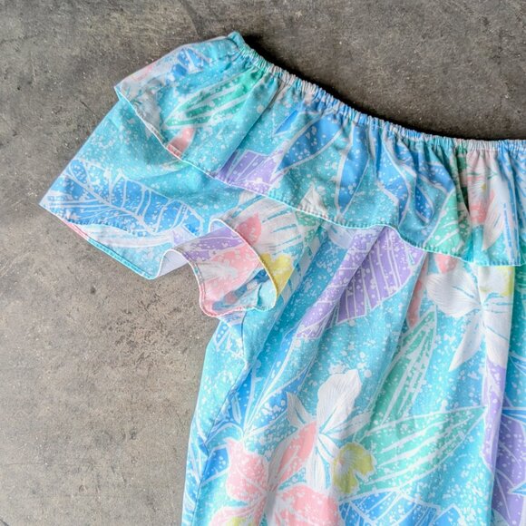 Vintage Kole Kole Hawaiian Blue Ruffle Off Shoulder Floral Mumu Midi Dress - Picture 4 of 9